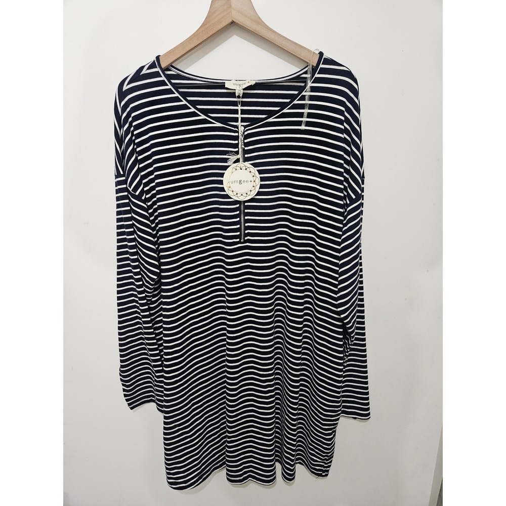 Umgee Navy Blue White Striped Zip Front Long Sleeve Tunic Top 2XL WG2005